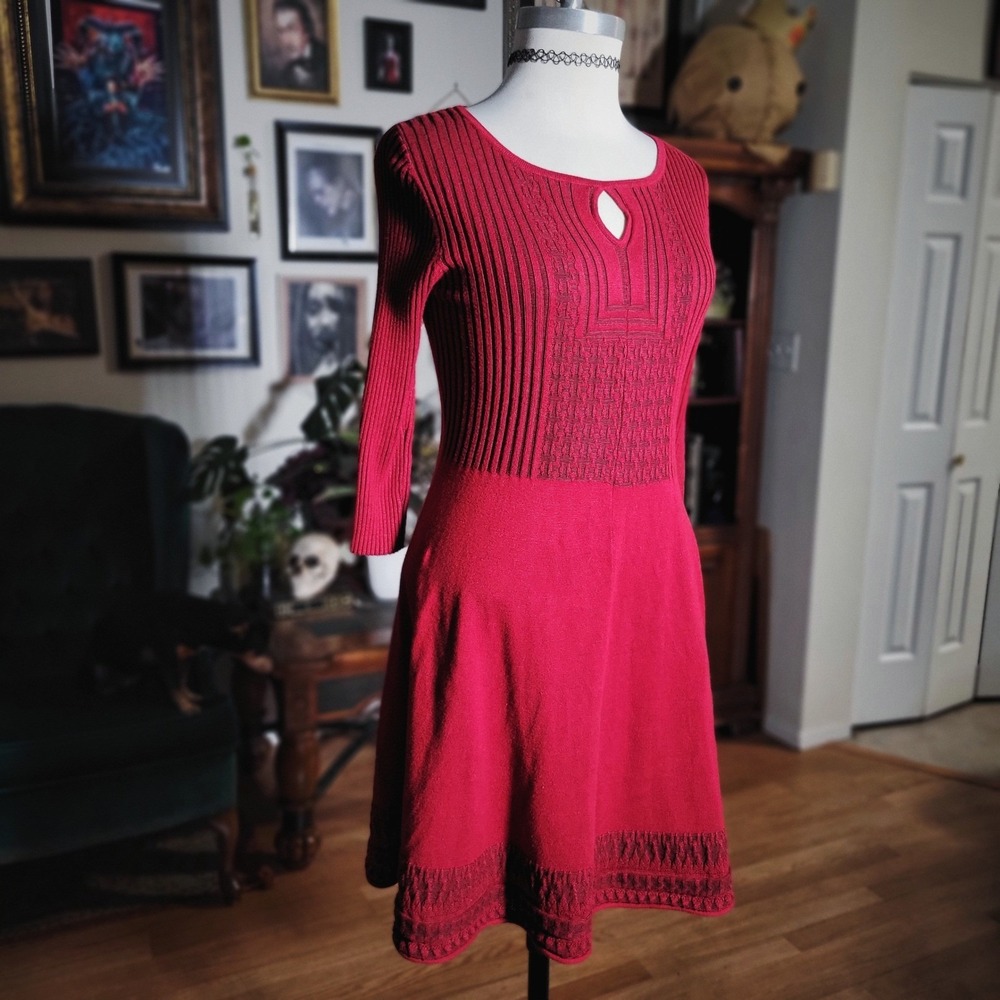 Olive + Oak Red Sweater Dress Keyhole‎ Ribbed Knit Fit Flare Skater Womens Large